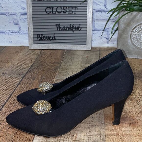 Yves Saint Laurent: elegant black satin pumps with rhinestoned bubble from 1980s - Picture 4 of 10